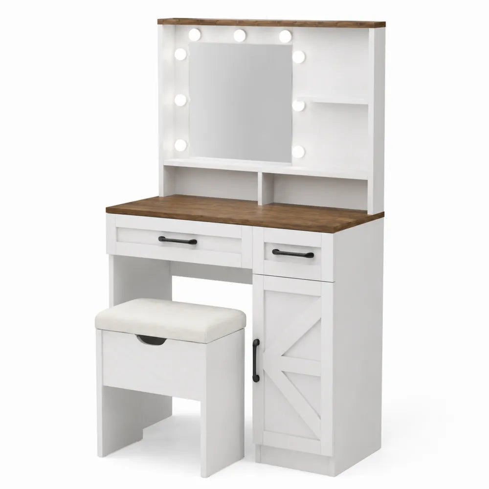 Coiffeuse avec Miroir ¨¦clair¨¦ en Bois et M¨¦lamine avec Tabouret, Bla
