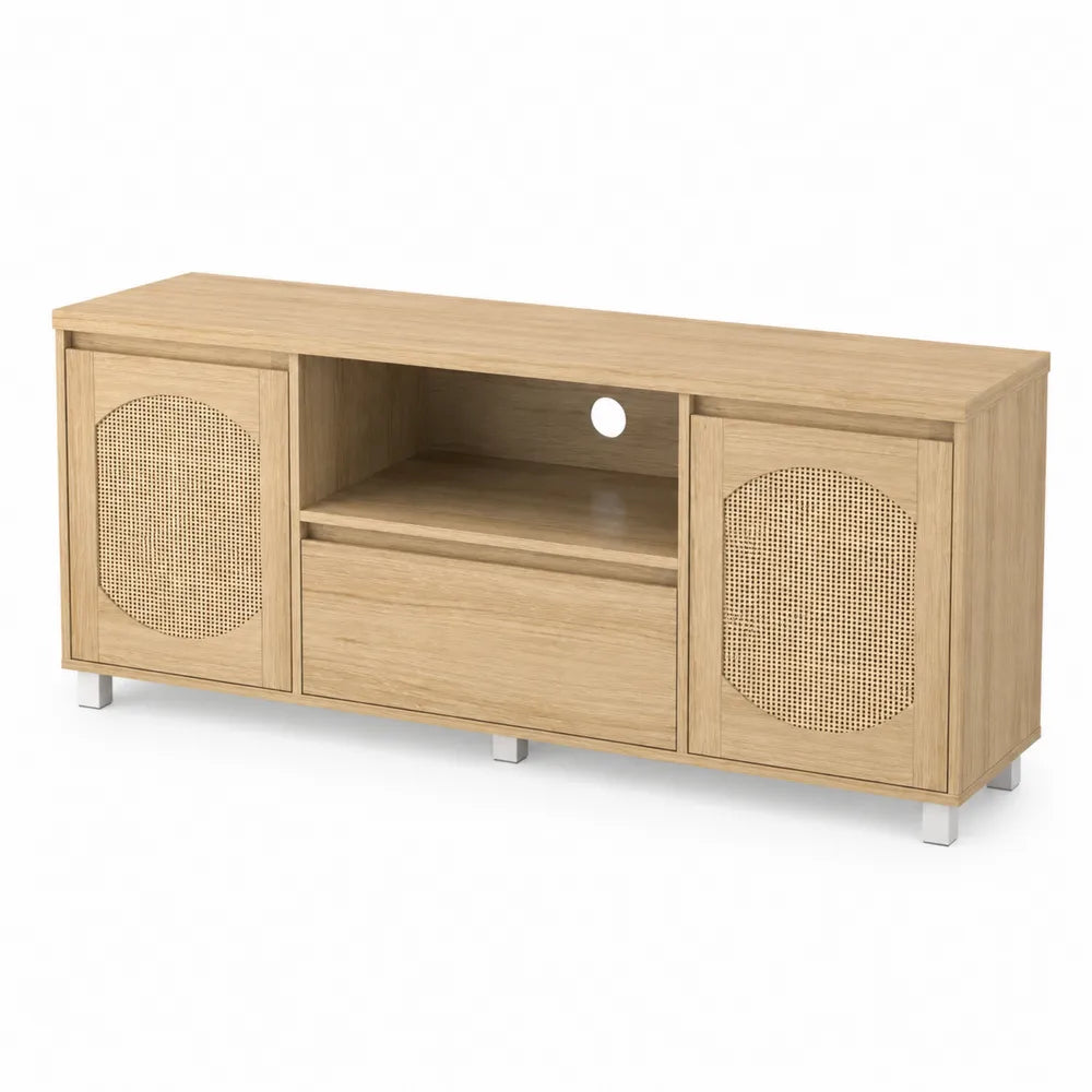 Meuble TV en bois avec portes en rotin 15
