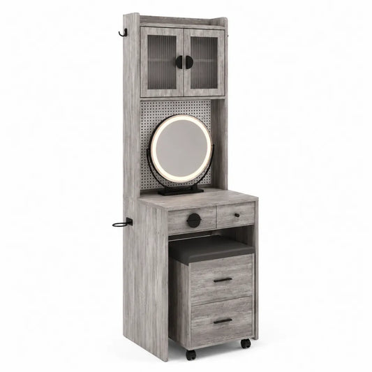 Coiffeuse en Bois Gris avec Miroir LED et